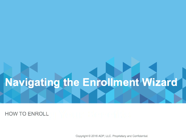 Blue background with geometric patterns and text: "Navigating the Enrollment Wizard" and "HOW TO ENROLL."