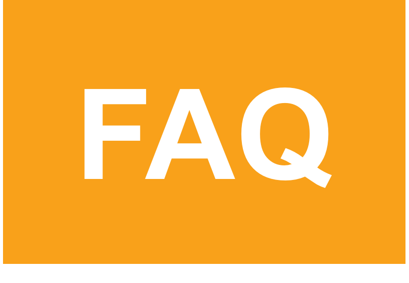 Text that reads "FAQ" is centered against a bright orange background.