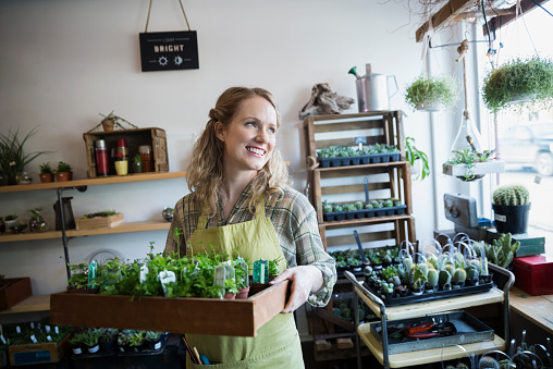 A woman in a green apron smiles while holding a tray of plants in a small indoor garden shop. Shelves filled with various potted plants and gardening supplies are visible in the background, and sunlight streams through a window on the right.