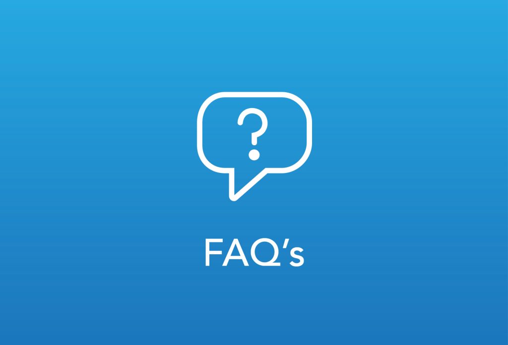 A blue background with a white speech bubble containing a question mark inside. Below the speech bubble, the text "FAQ's" is written in white.