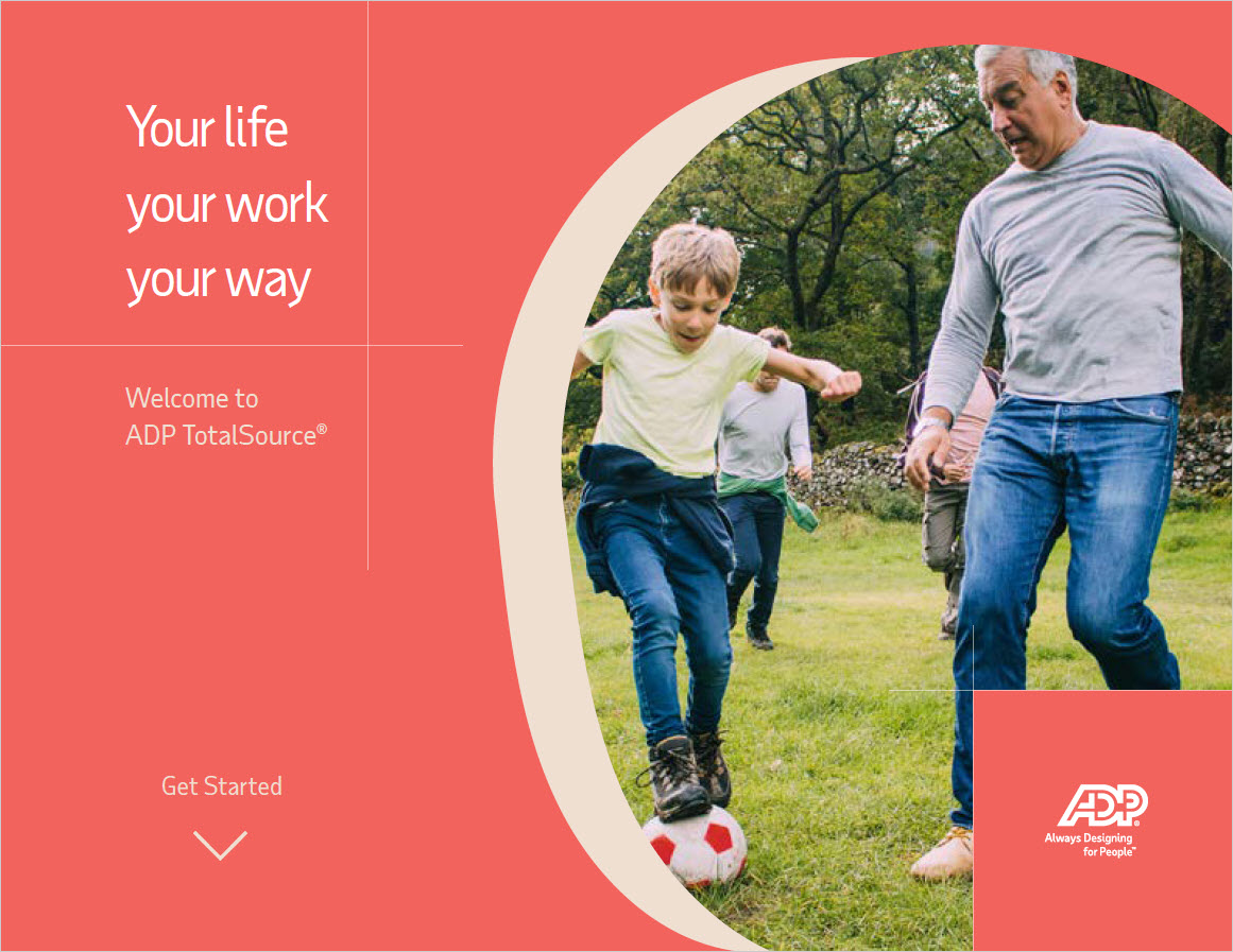 An adult and a child play soccer together on a grassy field, surrounded by trees. The image includes a promotional banner for ADP TotalSource with a "get started" button.